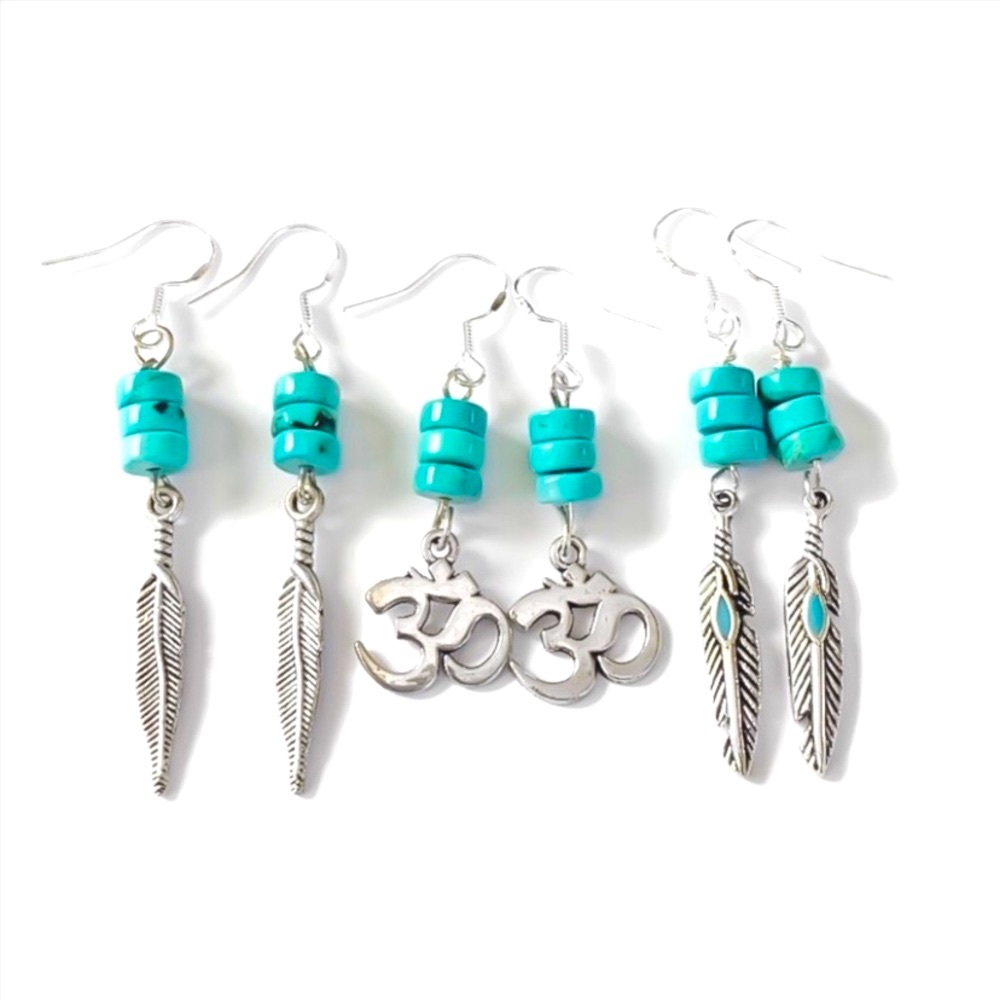 3 PACK - 925 Sterling Silver Turquoise Gemstone Bohemian Earrings Feather & OHM